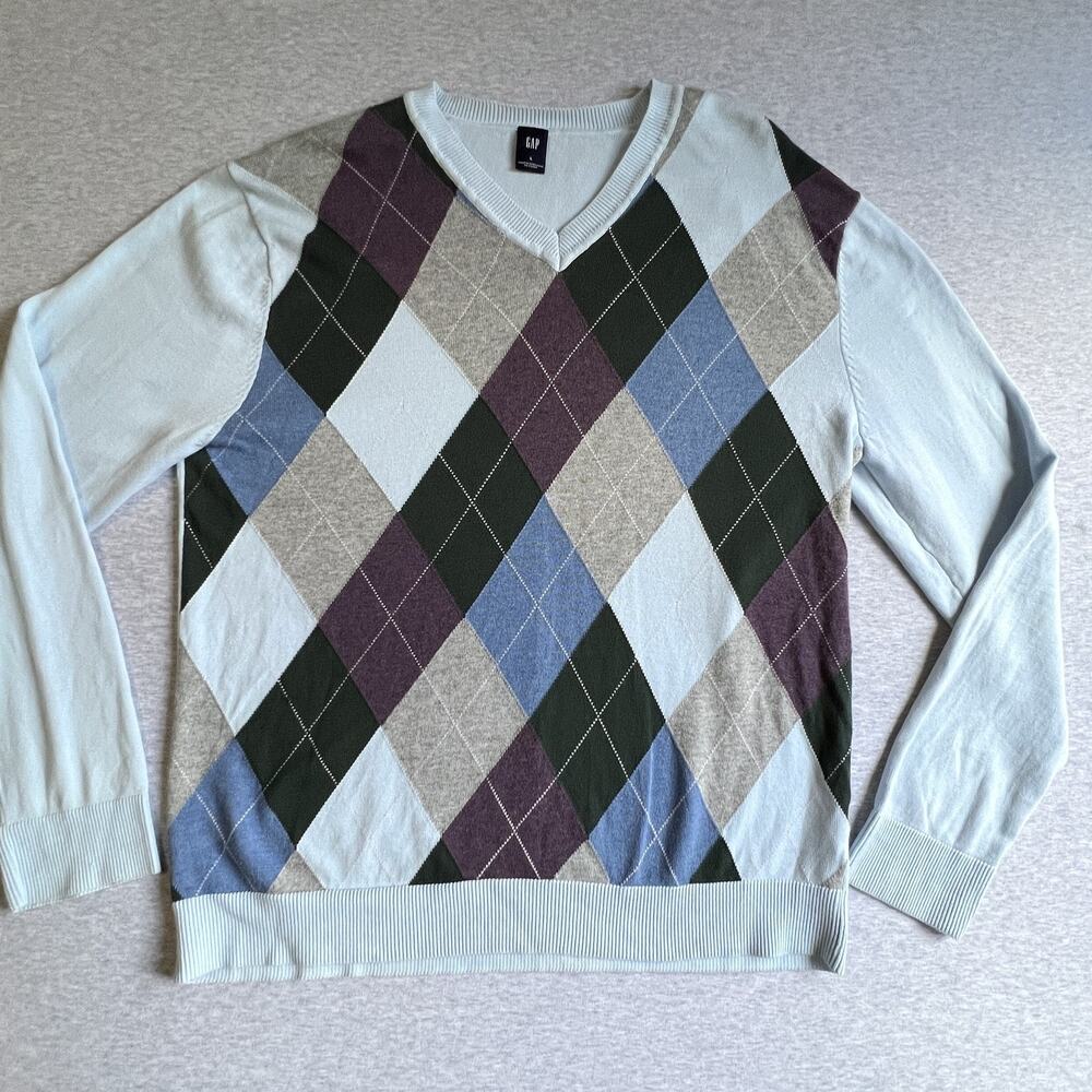 Vintage Y2K GAP Sweater Mens Large Argyle Diamond V Neck Pullover Preppy Golf